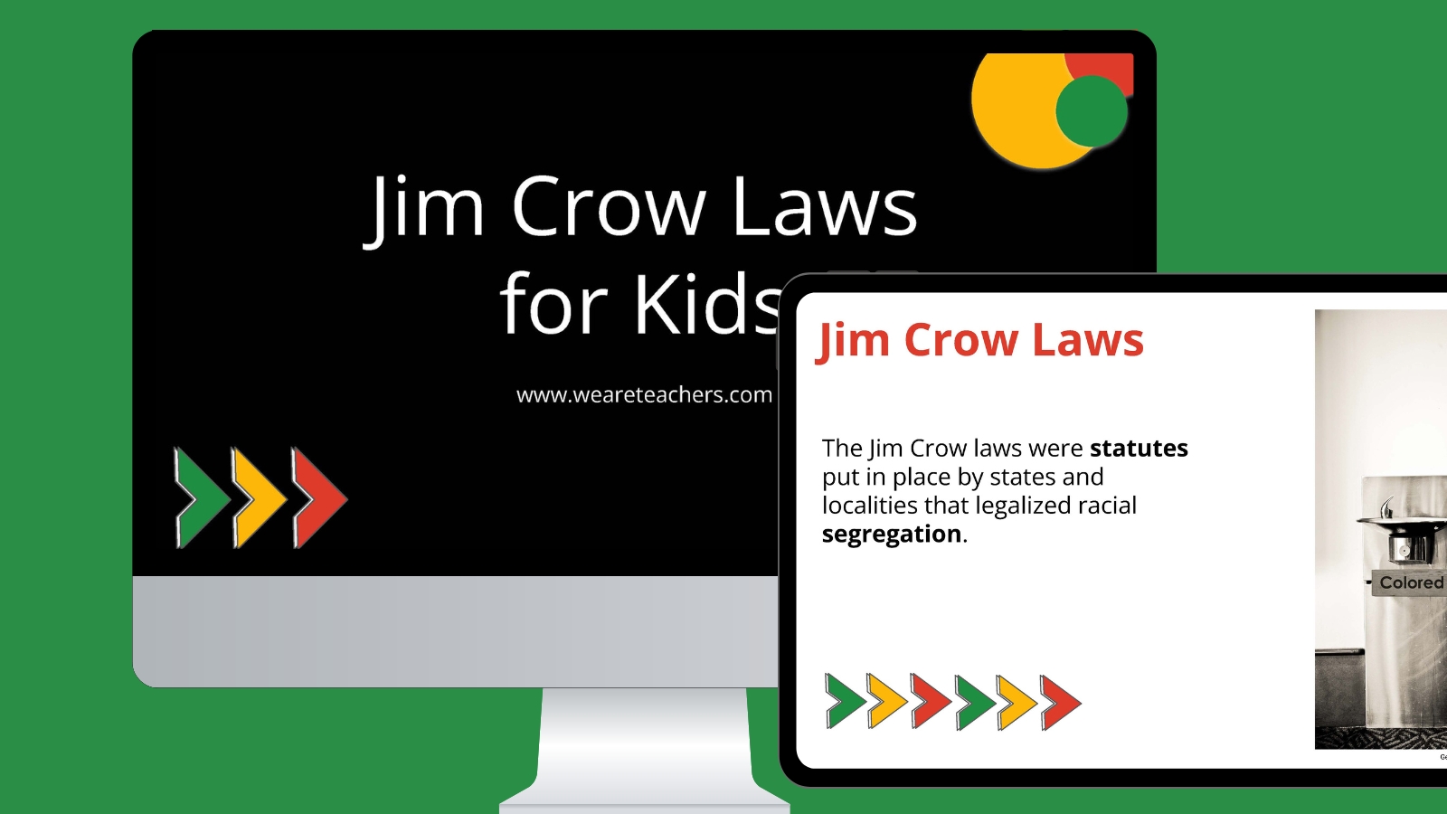 Jim Crow Laws for Kids Google slides on a computer and a tablet screen.