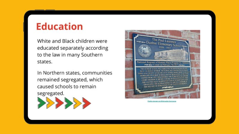 Jim Crow Laws for Kids Google slide about education.