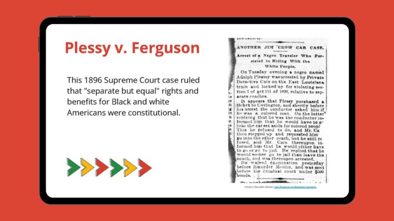 Jim Crow Laws for Kids Google slide about Plessy v. Ferguson with newspaper clipping image.