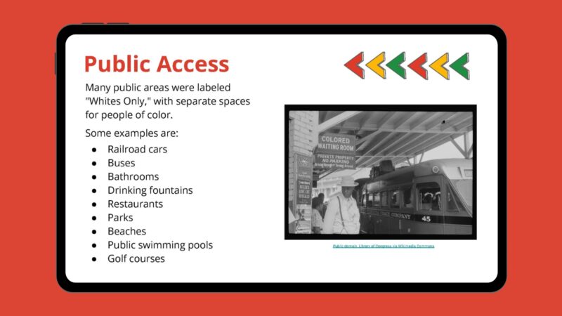 Jim Crow Laws for Kids Google slide about public access.