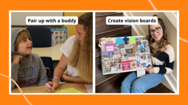 Examples pictured of job readiness skills including a teen girl holding up a vision board and two preteen students pairing up with a buddy to do work.