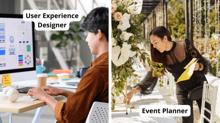 Jobs for former teachers including a male UX designer working on a computer and a female event planner setting a table at a wedding while holding a notebook.