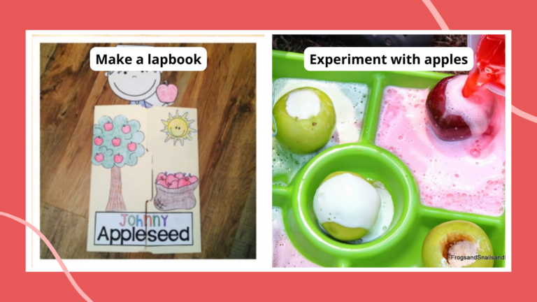 Examples of ways to celebrate Johnny Appleseed Day including experimenting with apple volcanoes and making a lapbook.