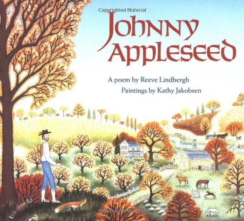 Cover of Johnny Appleseed book by Lindbergh featuring an illustration of Johnny walking through a small town with trees.