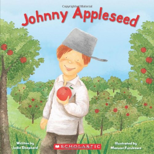 Book cover of Johnny Appleseed by Shepard featuring an illustration of Johnny wearing a cooking pot on his head and holding an apple, surrounded by apple trees.