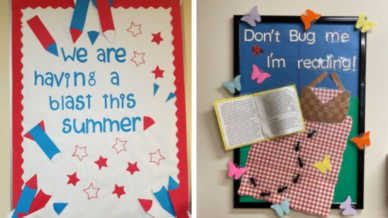 Two July bulletin boards, one that says We're having a blast this summer which features fireworks and one that says Don't bug me I'm reading and features a picnic blanket, book and ants.