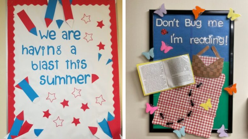 Two July bulletin boards, one that says We're having a blast this summer which features fireworks and one that says Don't bug me I'm reading and features a picnic blanket, book and ants.