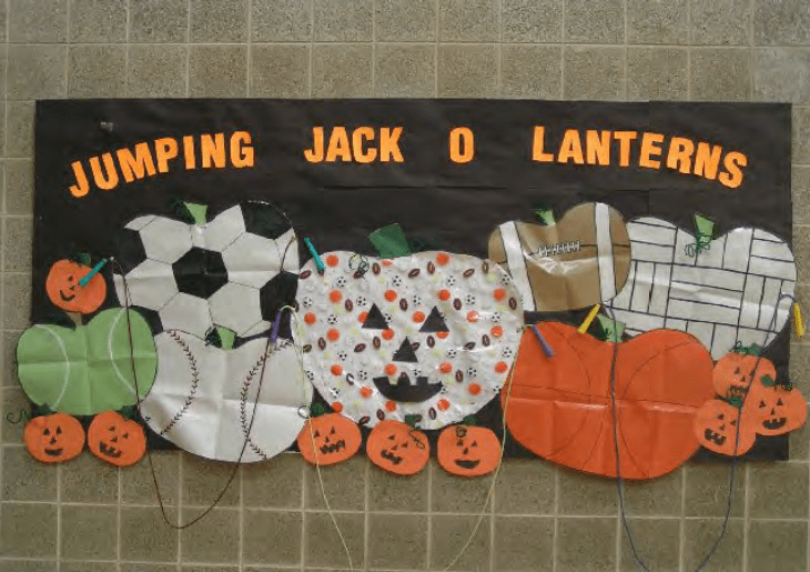A mix of different sports themed pumpkins and jack o' lanterns are on this idea for Fall bulletin boards. There are actual jump ropes attached as well.