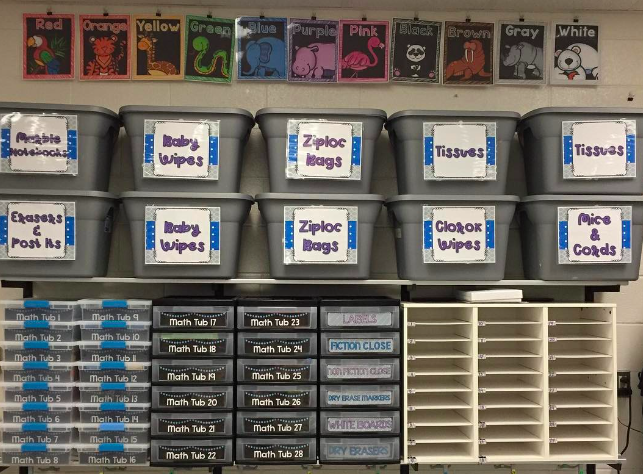 Shelves filled with labeled, organized classroom materials