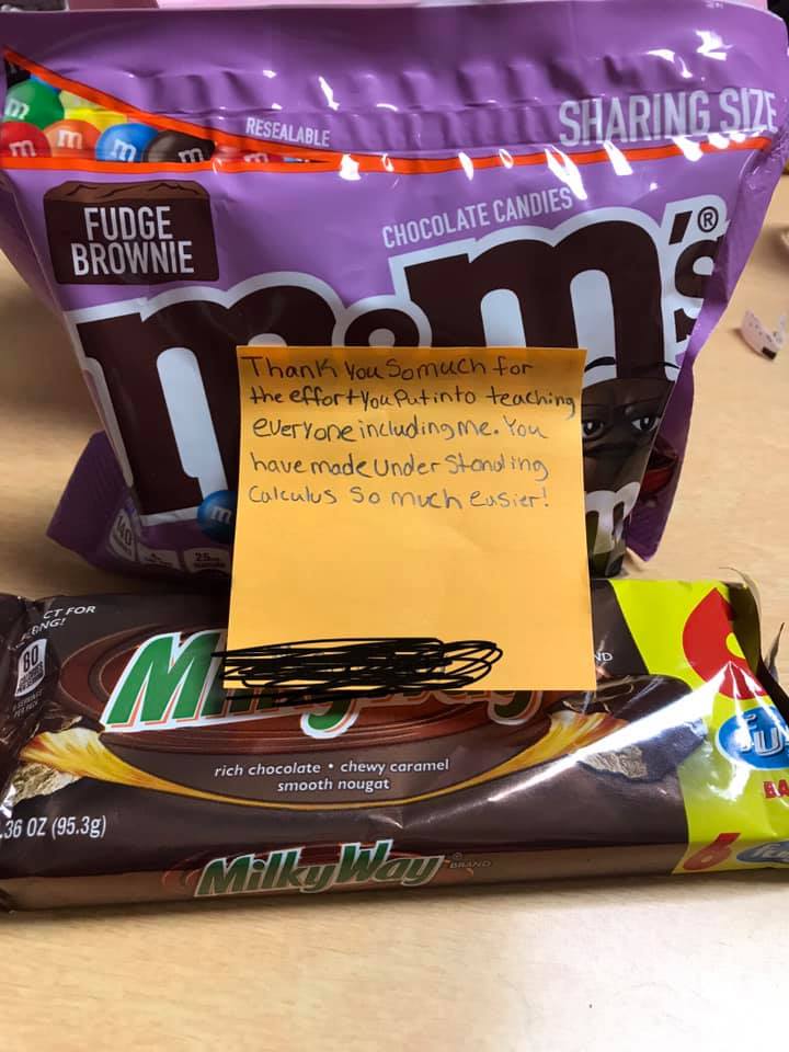M&Ms and a sticky note for a teacher thank you