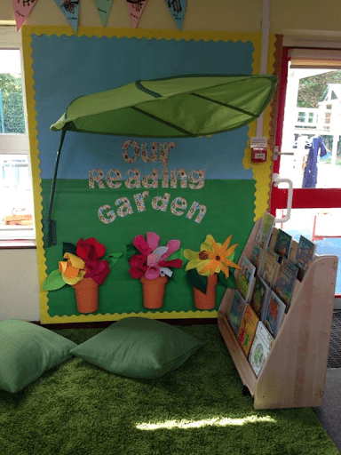 Classroom with flower pots and green rug- preschool classroom themes