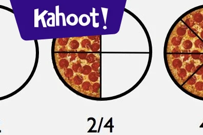 kahoot logo with fractions activity 2/4 of a pizza for fractions activities 