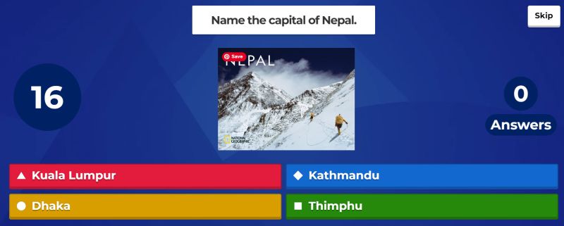 Kahoot question asking students to name the capital of Nepal