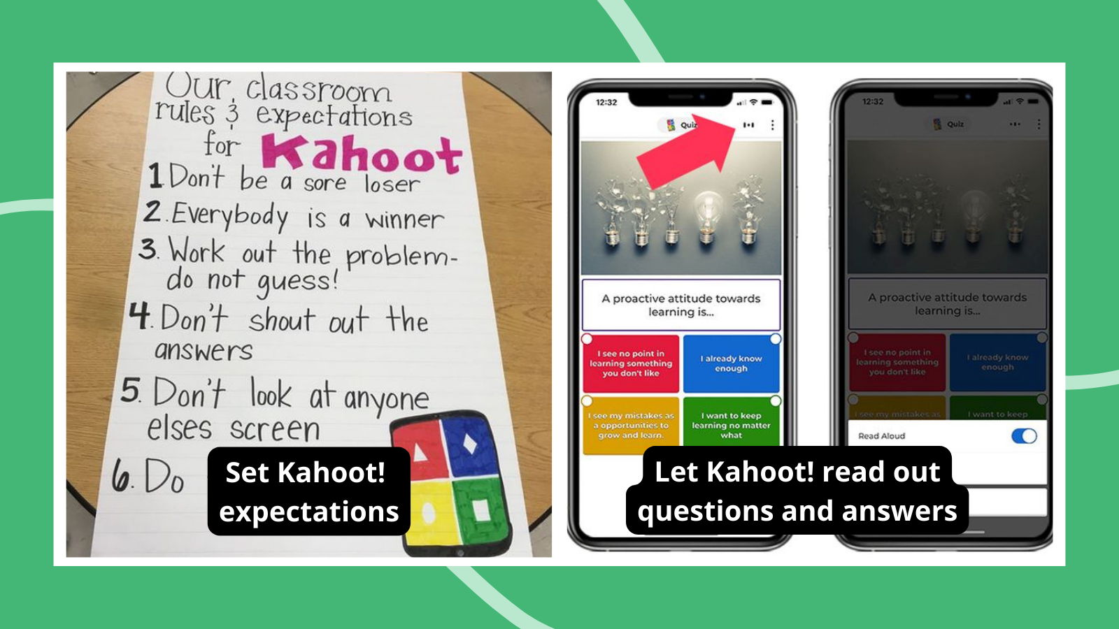 Kahoot Ideas and Tips. Text reads "Set Kahoot! expectations" and "Let Kahoot! read out questions and answers"
