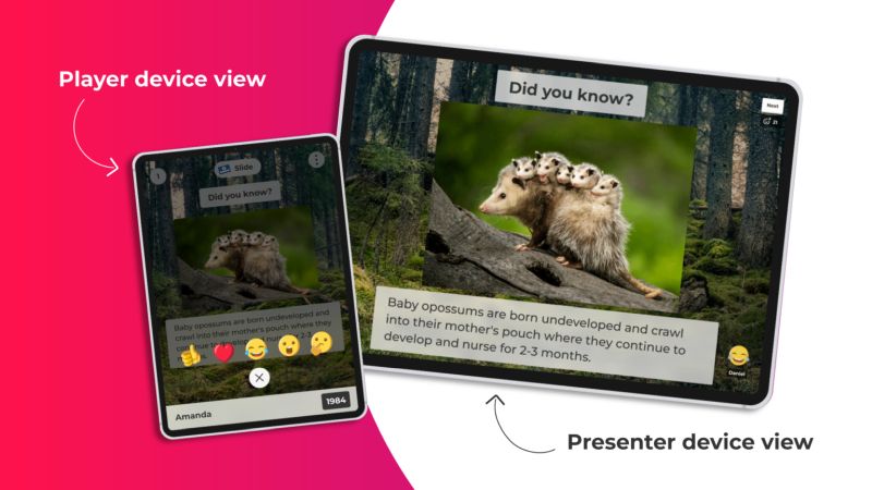 Screens showing player and presenter views of Kahoot slides with Reaction emojis