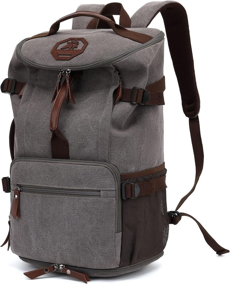 Gray textured duffel-bag backpack combo with brown and black accents