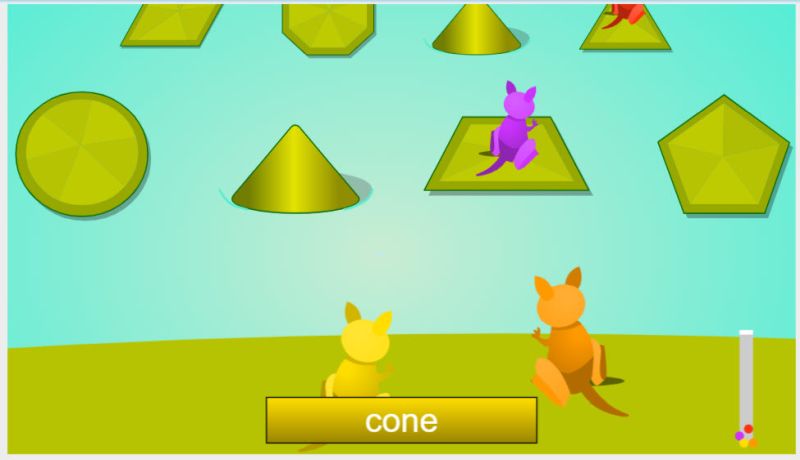 Cartoon kangaroos hopping onto a variety of shapes that match the description at the bottom of the screen