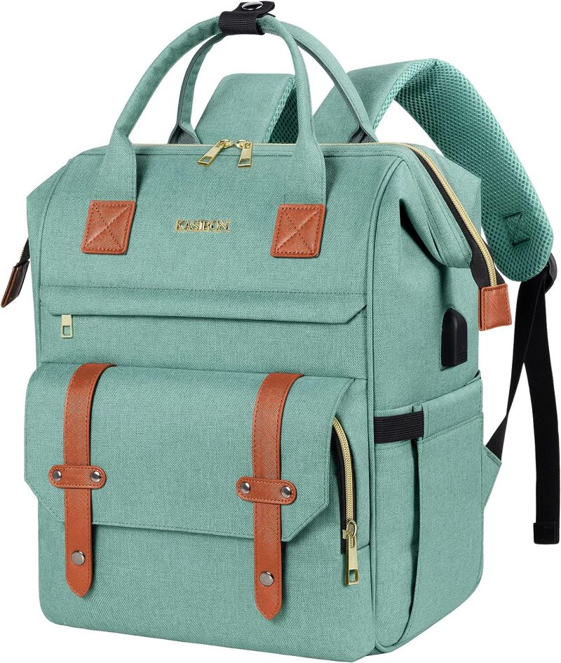 Mint green teacher backpack with wide opening at top, multiple outside pockets, and brown leather accents