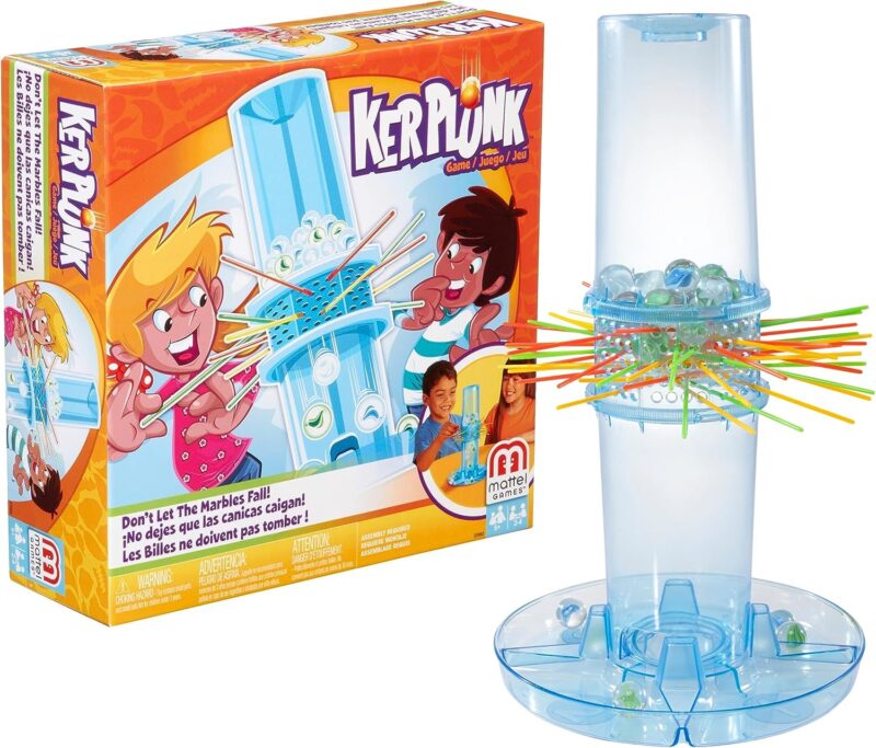 A game box is shown and a contraption that is a clear tube with sticks through the middle.