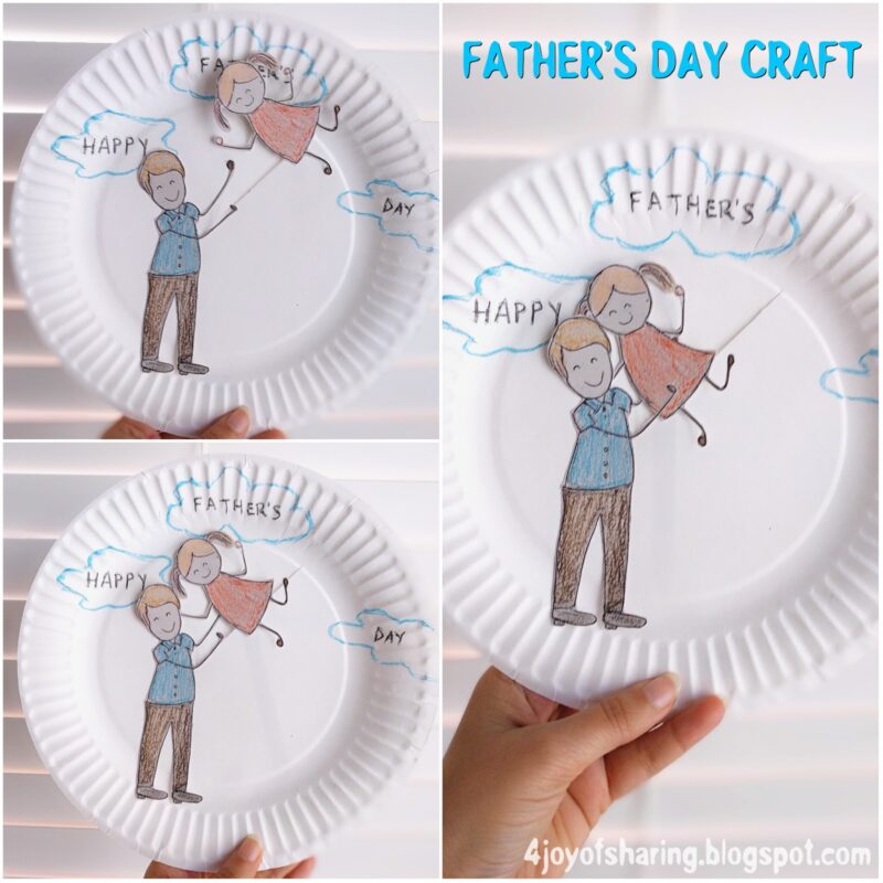 A couple of views of a paper plate craft with a father tossing a little girl in the air is shown.