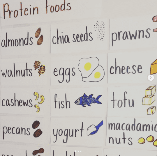 a poster displaying vocabulary words and pictures that pertain to protein foods