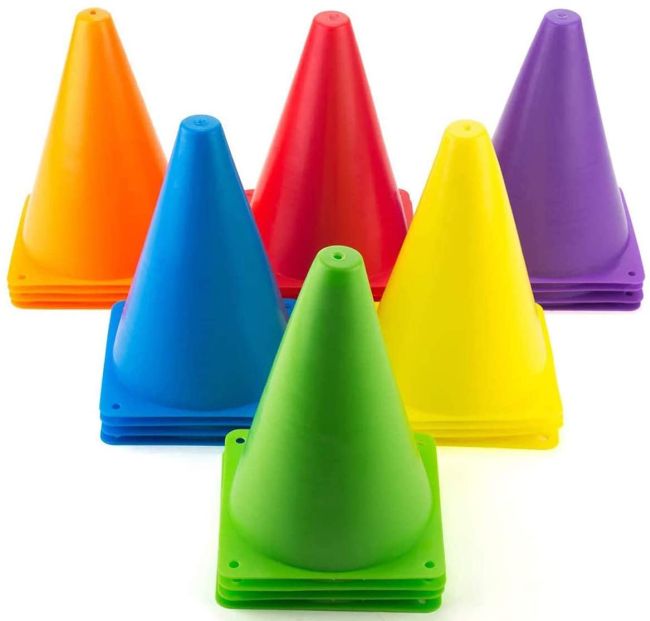 Small plastic cones in orange, red, purple, blue, yellow, and green