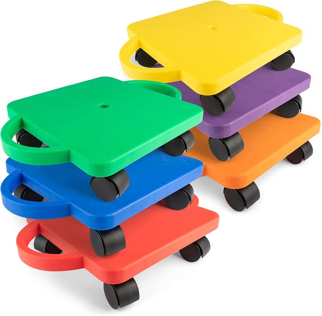 Six colorful kids scooter boards with handles (Kids Gym Equipment)