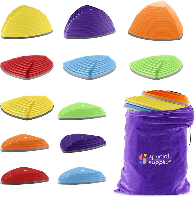 Brightly colored rubber stepping stones and carrying bags (Kids Gym Equipment)