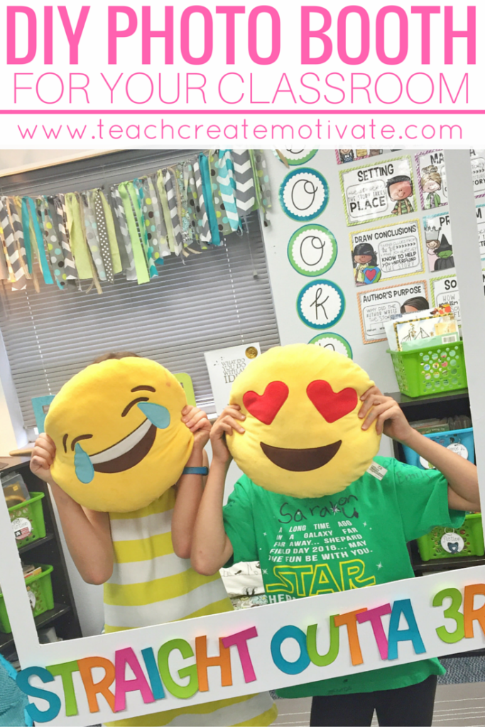 students with emoji pillows over face posing in a classroom photo booth