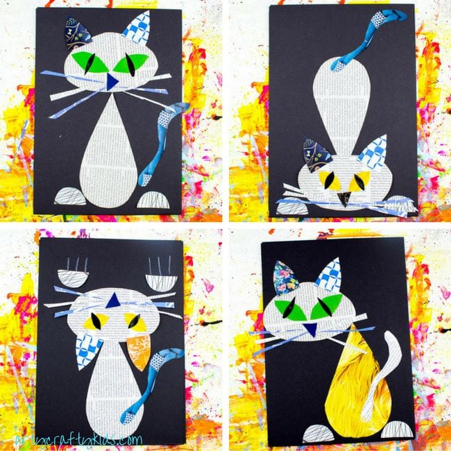 Cute cats made from shapes cut out of newspaper and magazines (Kindergarten Art)