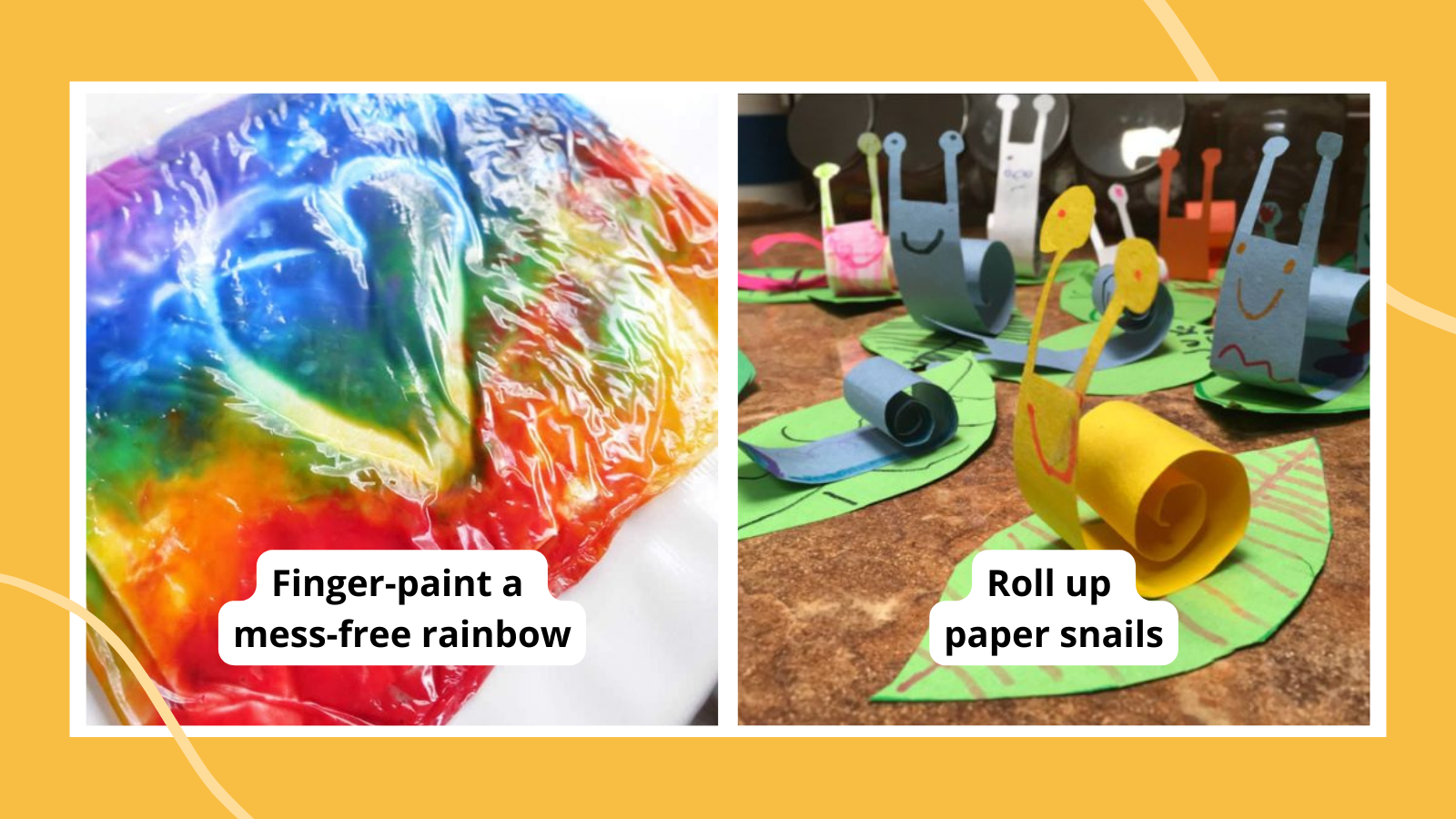 Examples of kindergarten art projects, including a rainbow finger painted heart in a plastic bag and snails made from rolled up paper.