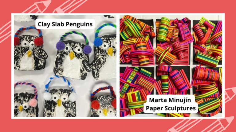 Collage of kindergarten art projects including paper sculptures and clay penguins