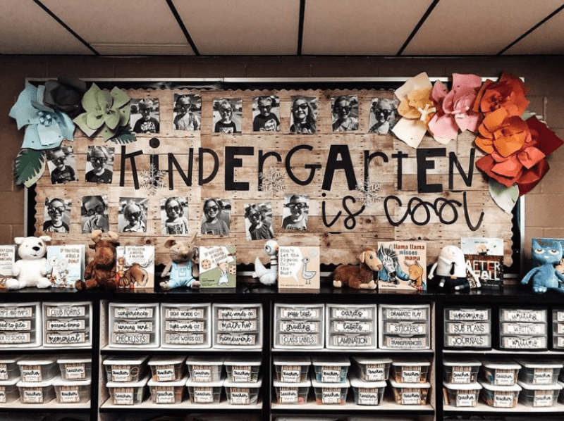 Kindergarten is cool bulletin board with pictures of kids wearing sunglasses