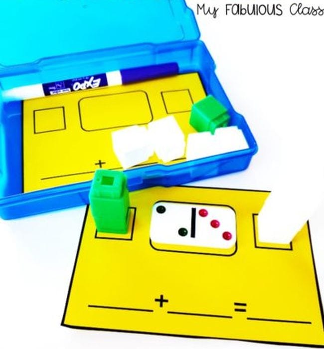Yellow card with domino showing two and three and blocks representing two and three, used for kindergarten math games