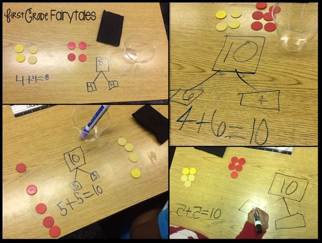 Collage of math problems written on desks, with double sided chips representing each number, one of a collection of kindergarten math games