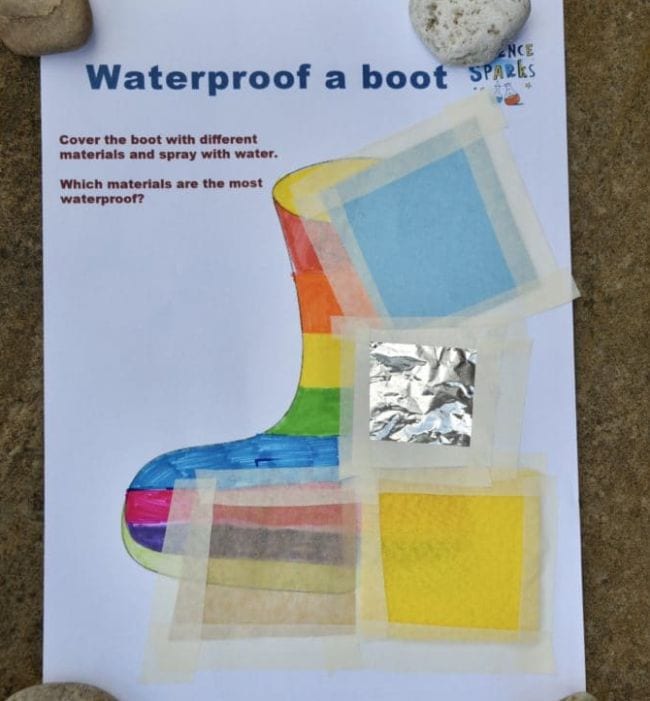 Worksheet showing drawing of a boot, covered with various materials like plastic, foil, and paper