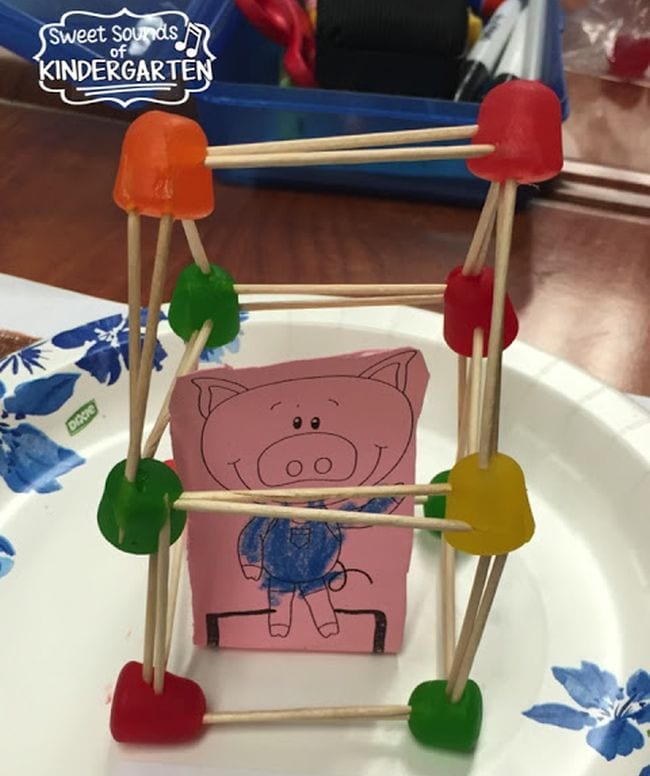 House model built of toothpicks and gumdrops, with construction paper pig inside (Kindergarten Science Activities)