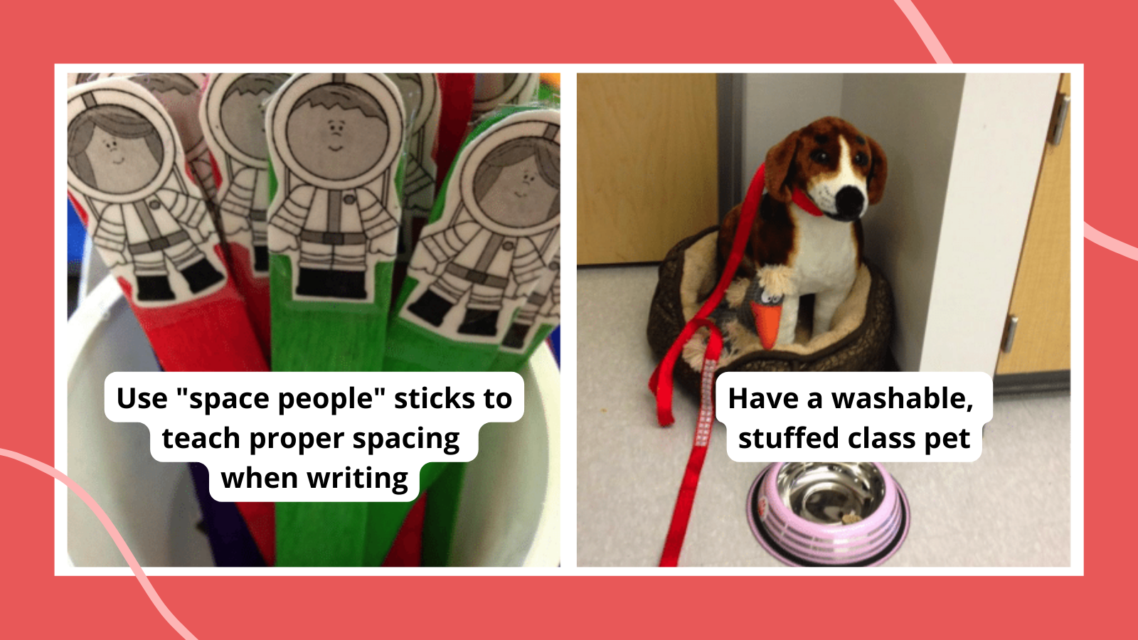 Tips, tricks, and ideas for teaching kindergarten such as using space people sticks to teach proper spacing when writing and having a washable, stuffed class pet.