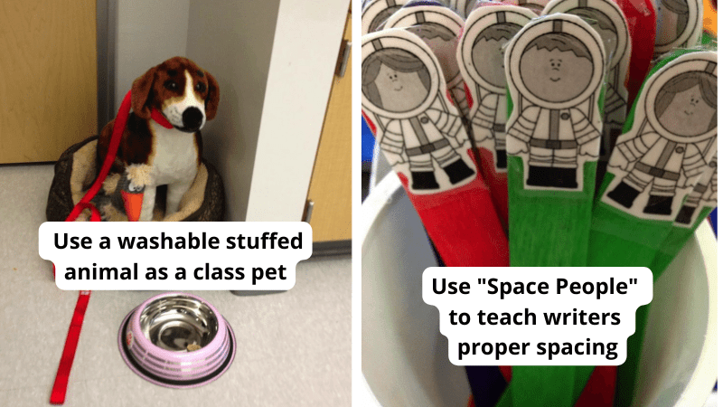 Tips for teaching kindergarten such as a washable stuffed dog as a class pet and popsicle stick "Space People" for teaching proper spacing to beginning writers