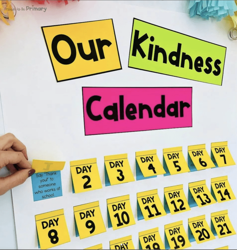 a colorful kindness calendar for the classroom