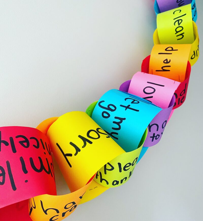 colorful paper chain with kind words written on each link