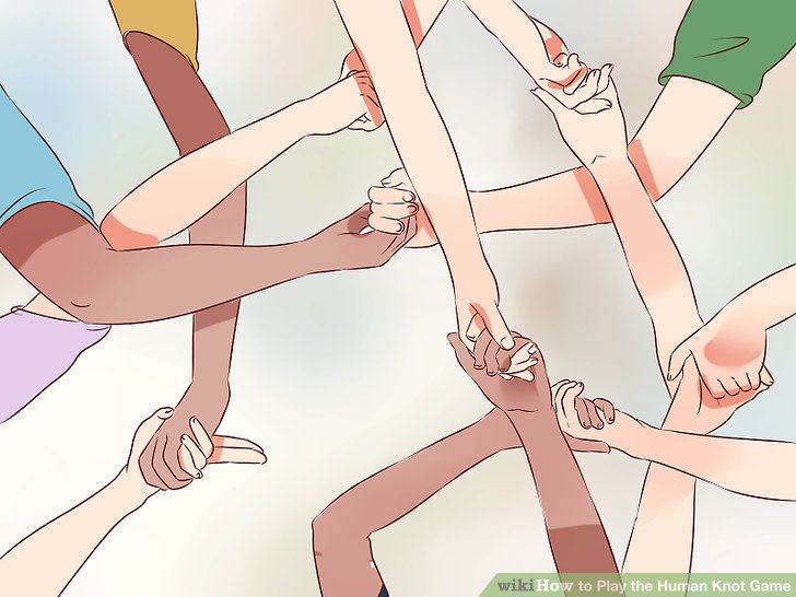 A Cartoon graphic shows many hands being held with the arms wrapped around each other. 