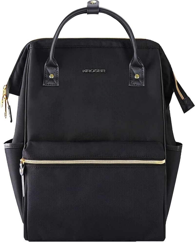 Black backpack with top handles, front zipper picket, and side open pockets