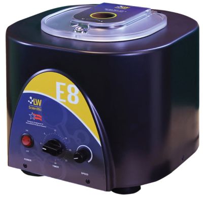 Countertop centrifuge with analog dials, for use in a biology lab