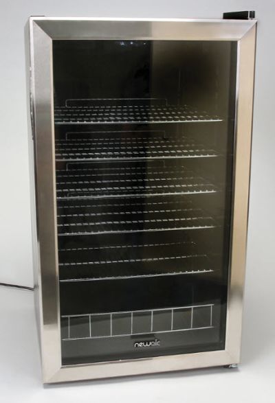 Compact refrigerator with clear glass door and multiple wire shelves