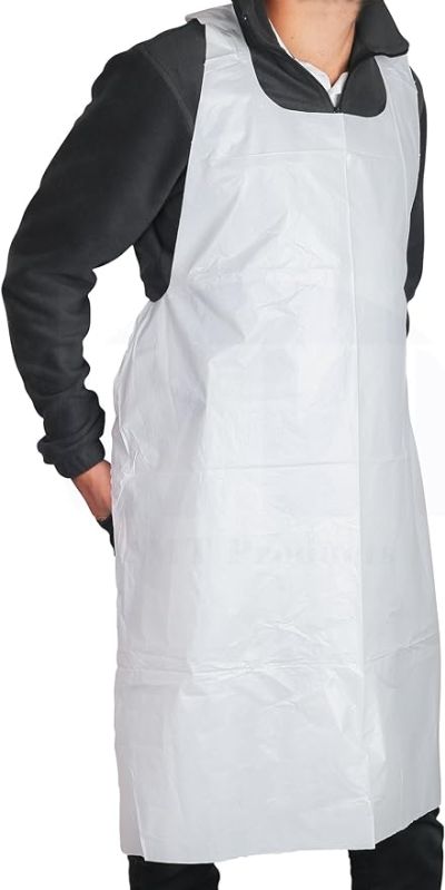 Person wearing a plastic disposable full apron