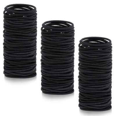 Three stacks of simple black coated elastic hair ties