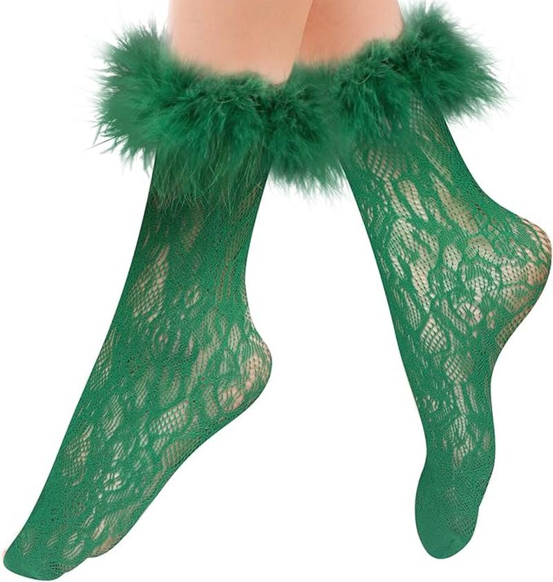 Green sheer lace socks with furry tops