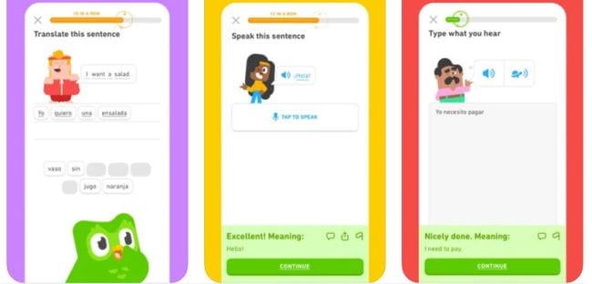 Screenshots of Duolingo language learning app