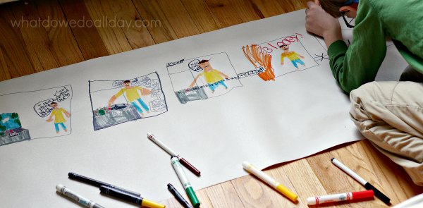 Art projects for middle schoolers include this large comic strip. A child is seen drawing scenes onto a large piece of paper on the floor.